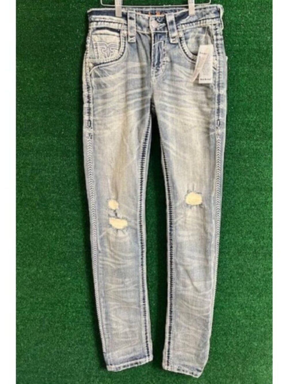 Men's Rock Revival "Cresdent" Alt Straight Distressed Denim Jeans Size 28 x 36